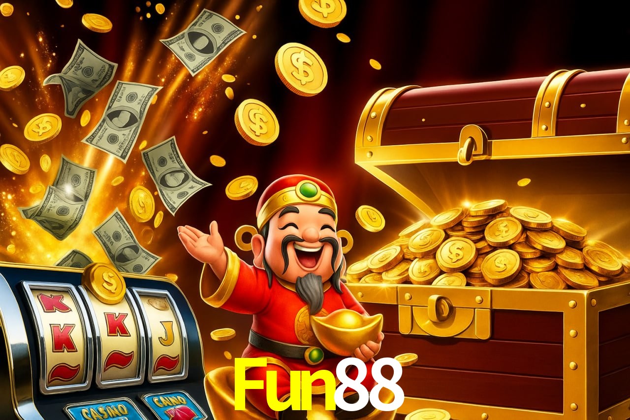 Escena dinámica inspirada en casino con iluminación Fun88, cartas, fichas e íconos de juegos digitales en un espacio moderno de juegos.