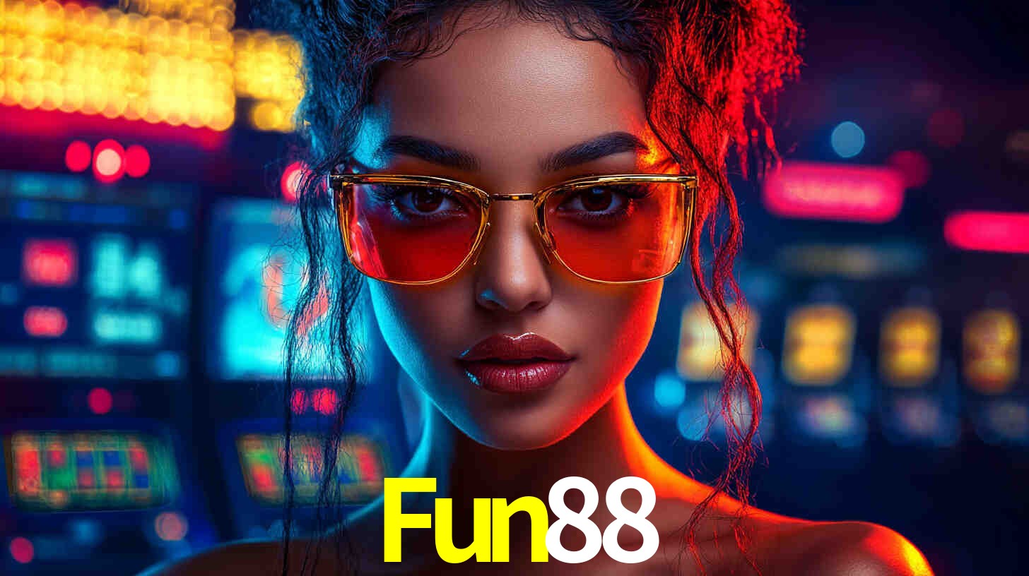 Una escena digital vívida inspirada en casino con Fun88 mostrado prominentemente, luces brillantes, fichas, cartas y acentos dorados.